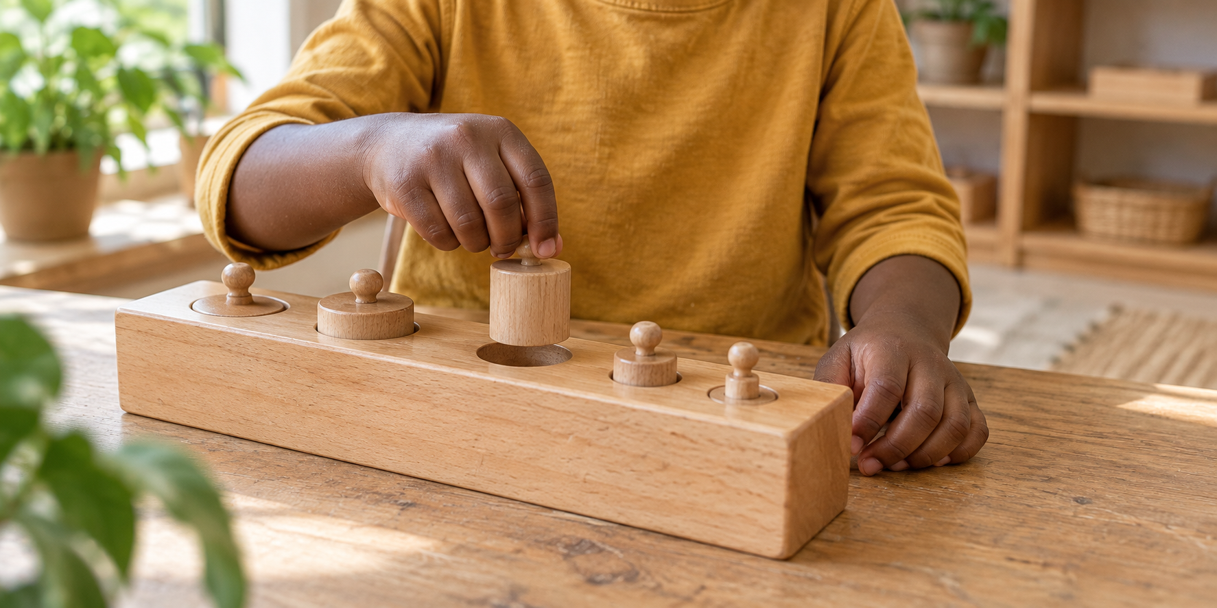 Close-up of a child exploring wooden Montessori cylinders in soft natural light